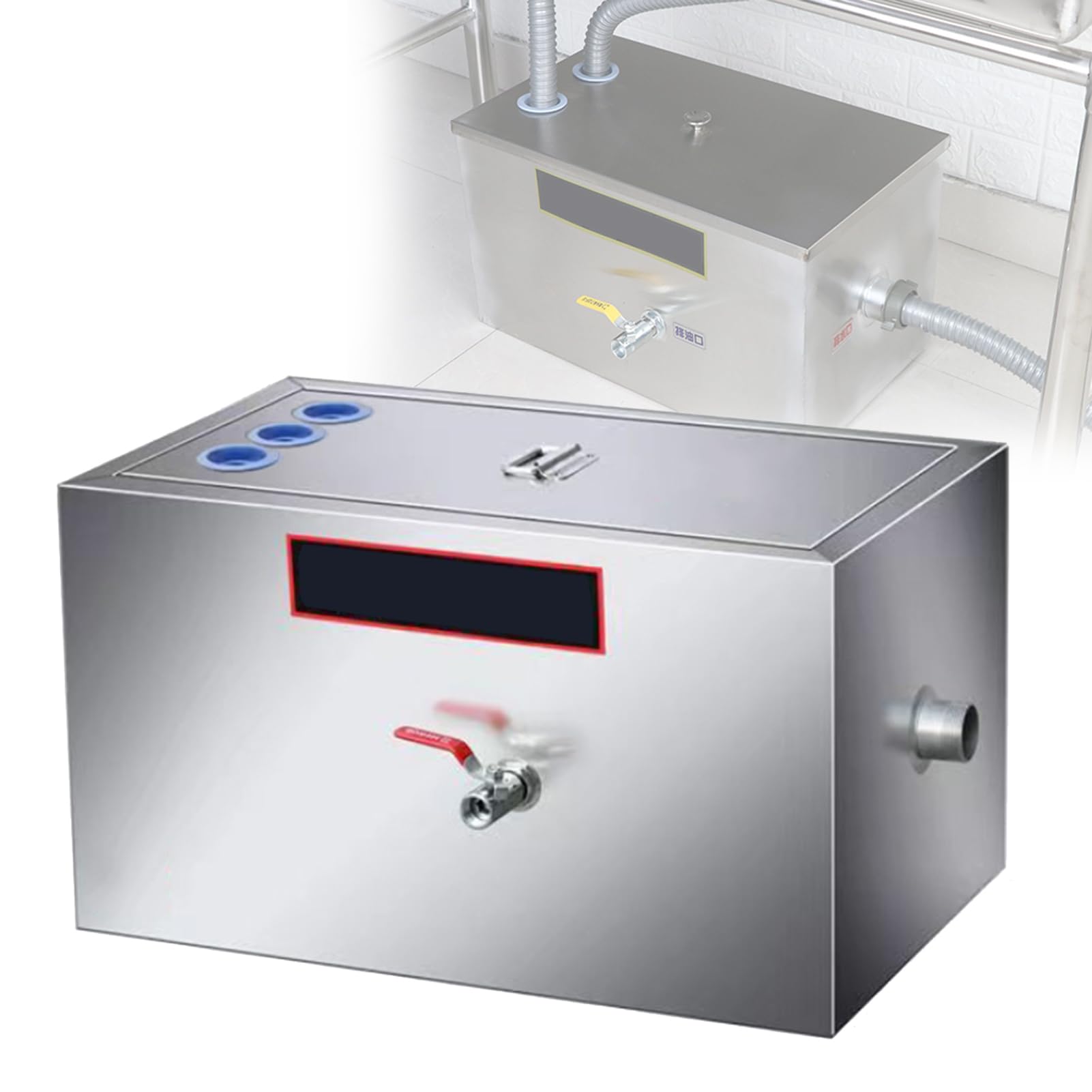 vanenferse Stainless Steel Grease Trap Water Oil Filter Separator, Commercial Grease Interceptor Under Sink with Baffles and Top Inlets for Restaurant Canteen Home Kitchen
