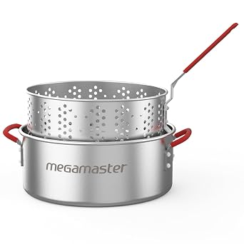 Megamaster Aluminium 10.5QT Fish Fryer Pot with Basket, Silicone Handle