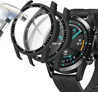 [2-Pack] Case with Tempered Glass Screen Protector Compatible for Huawei Watch GT2 46mm, 9H Hardness 360 All-Round Protective Ultra Thin Protective PC Case Cover for - Black Black