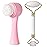 Beomeen Face Brush 2 in 1, Silicone Facial Cleansing Exfoliating Brush Soft Bristles Pore Deep Cleansing, Jade Face Roller Skin Care Tools, Manual Dual Face Wash Scrub Brush Massaging Gift,Pink+White