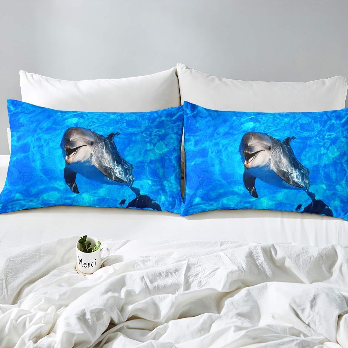 Homemissing Cute Dolphin Duvet Cover Ocean Marine Double Size Bedding Set Sea Creatures Comforter Cover for Boys Girls Children Lovely Hawaiian Sealife Bedspread With 2 Pillow Case - Image 2