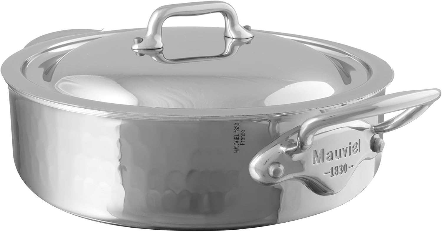 Mauviel M'Elite 5-Ply Hammered Polished Stainless Steel Rondeau With Curved Lid, And Cast Stainless Steel Handles, 3.2-qt, Made in France