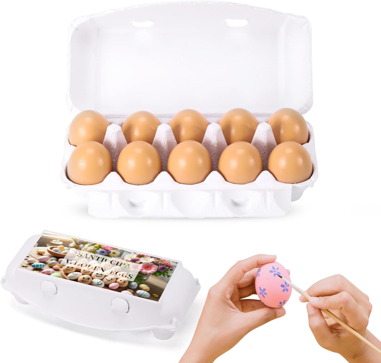 Fake Chicken Eggs, 10-Count Brown Wooden Artificial Eggs in Carton for Painting, Crafts, Food Toys, Play, Room Decor, Nesting Boxes and Poultry Incubators