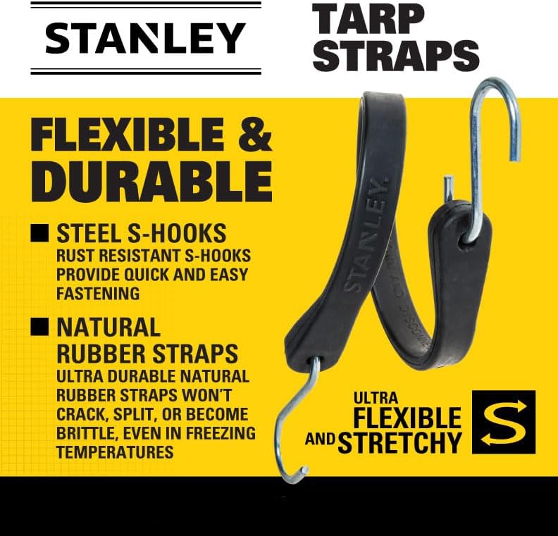 Miniatura 3 de STANLEY S300415 - Cuerdas elásticas de goma negras de 15 pulgadas para todo tipo de clima con ganchos en S para asegurar lonas, transportador de