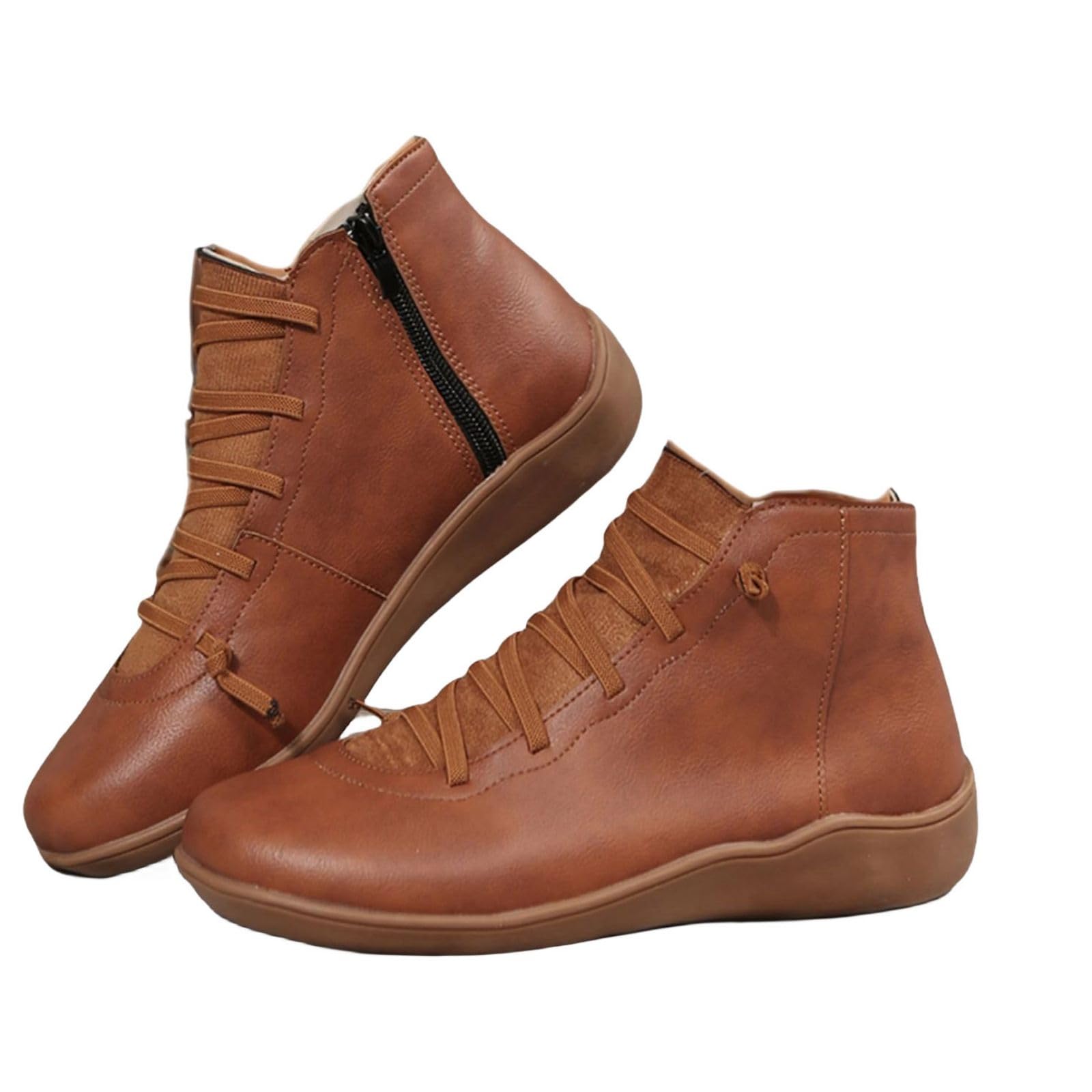 Womens Ankle Boots Comfortable Slip On Round Toe Boots Lace Up Side Zipper Retro Faux Leather Booties Vintage