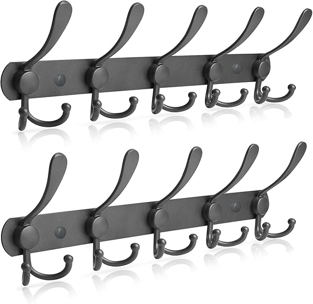 YunYite Coat Hooks Wall Mounted, 2 Pack 15 Hooks Stainless Steel Metal Coat Hooks for Wall, Wall Mounted Clothes Rail for Coat Robe Hat Clothes, Heavy Duty Wall Hooks for Hanging