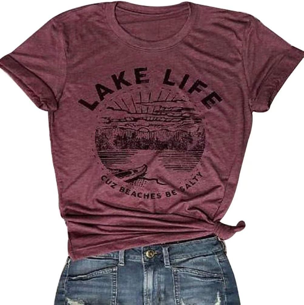 Lake Life T Shirt Women Cute Funny Graphic Tees Casual Short Sleeve Tops Summer Shirt