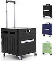 dotewe Folding Utility Cart Black - Portable Rolling Crate with Lid, 100lb Capacity, Collapsible Trolley on 360° Wheels for Grocery, Garden, Storage