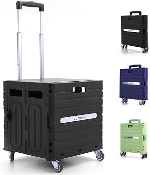 Folding Utility Cart Black Portable Rolling Crate Handcart Foldable Shopping Trolley Collapsible, with Lid, on Wheels, for Grocery, Garden, Office, Storage, Teacher, Tool Black
