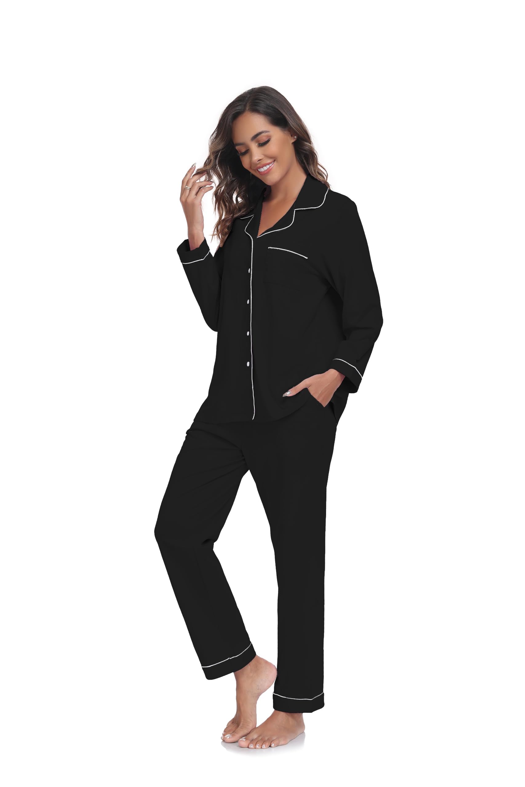 Schlafanzug Damen Baumwolle Pyjama Set Langarm Knopfleiste Hose