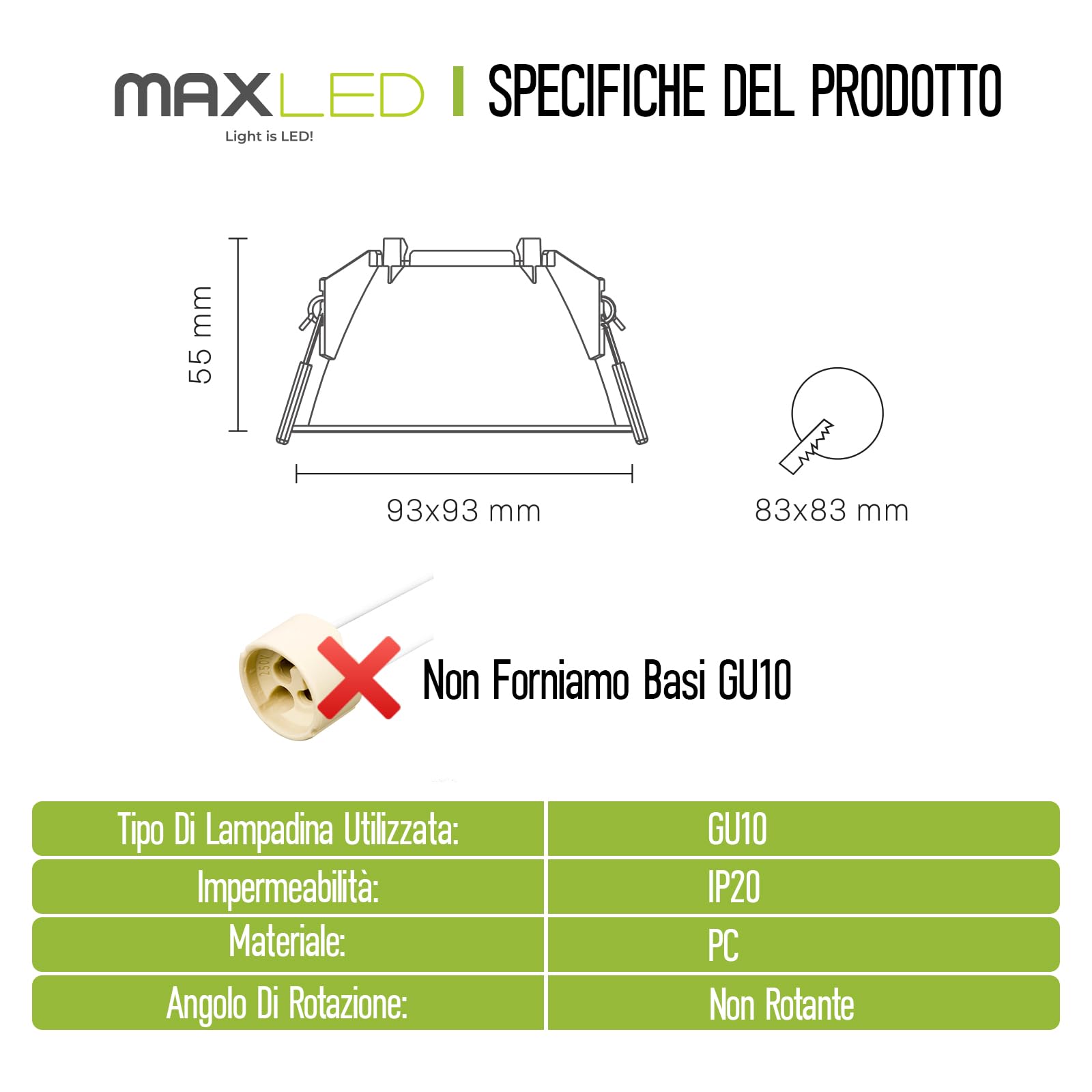10 Pezzi Cornice Faretti LED Incasso GU10 Portafaretto Incasso Foro 83 x 83mm per LED e Alogeno Portalampade GU10 Quadrato Bianco PC Dimensioni: 93mm x 93mm x 55mm