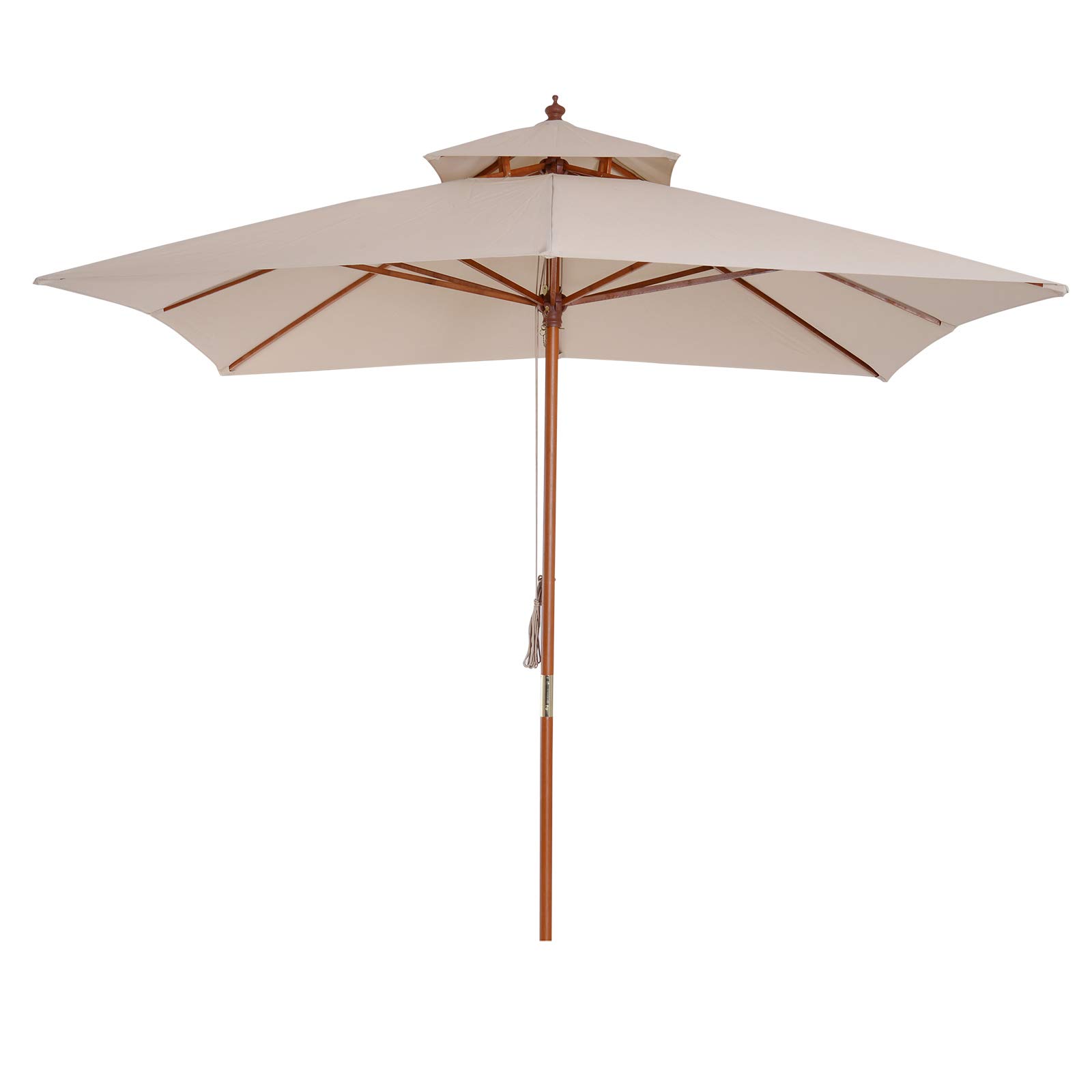 Outsunny Sombrilla de Jardín 3x3x3 m Parasol de Jardín de Bambú con Doble Techo Sistema de Polea Impermeable para Terraza Balcón Exterior Beige