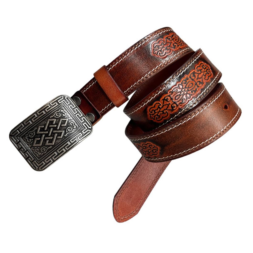 Donna Uomo Cintura Cucita Vera Pelle Vintage Western Cinturino con Stampa Country Fibbia Quadrata Argentata Fiore Inciso(125cm/49, Brown)