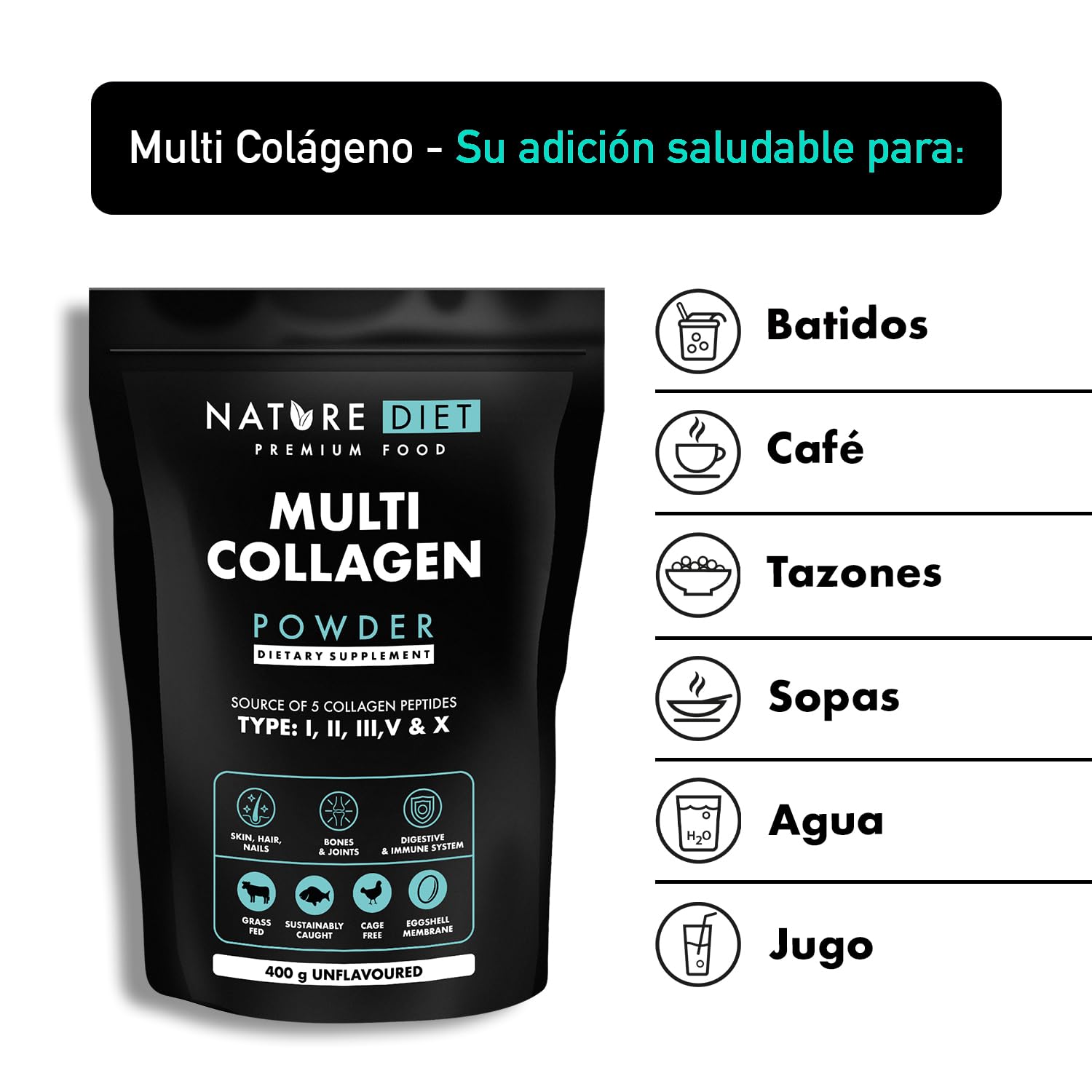 Nature Diet Multi Colágeno en Polvo Sin Sabor Péptido de Colágeno Hidrolizado Tipo: I, II, III, V y X, altamente biodisponible, péptido de colágeno, 400G