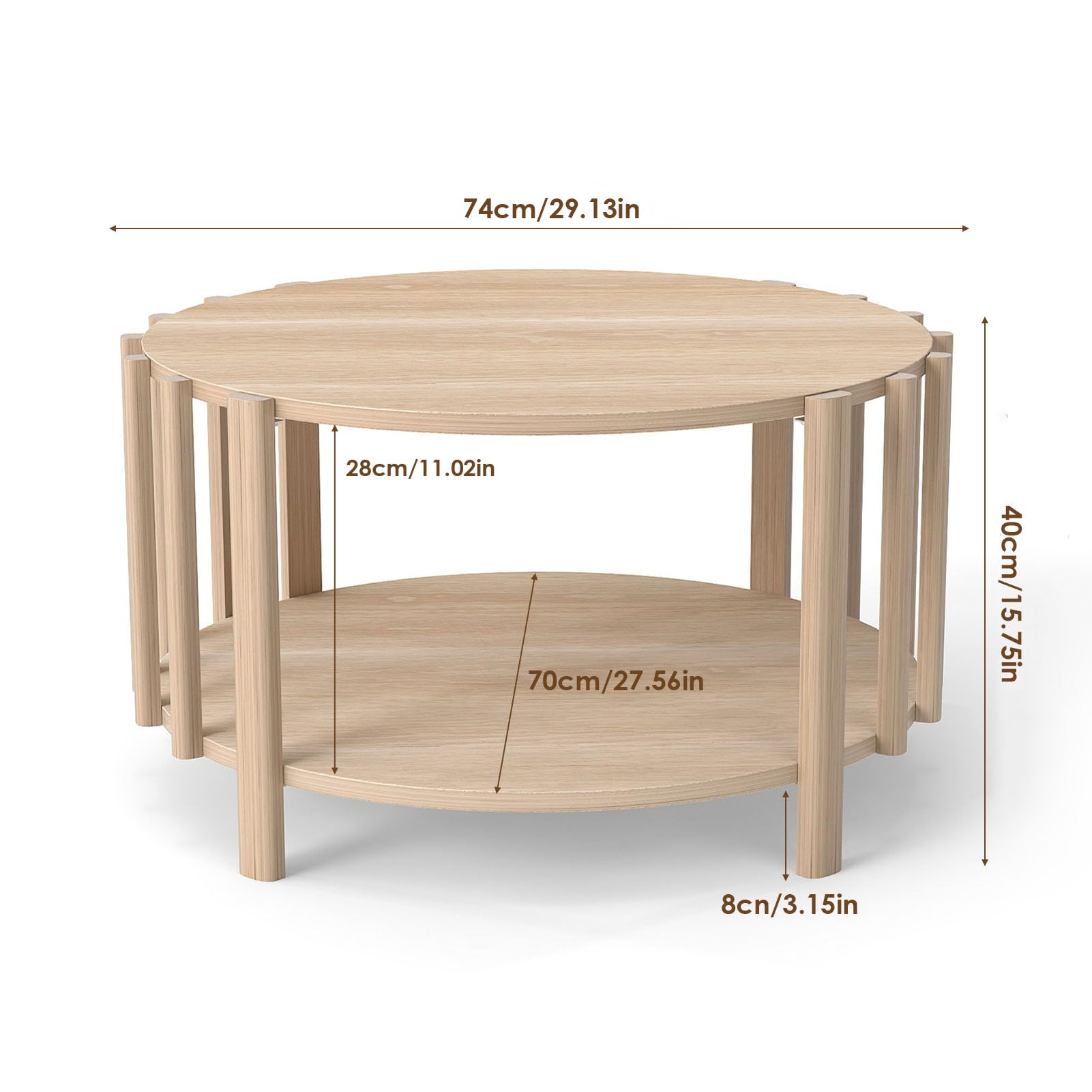 Tavolo da caffè rotondo in legno con pratico spazio e struttura stabile, 74 x 74 x 40 cm