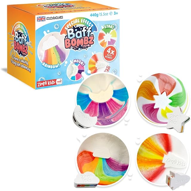 4 x Large Special Effect Bath Bombs Gift Set, Cloud Rainbow, Rocket, Moon & Star Fizzers, Ideal Birthday Present for Children, Montessori Bath Toy, Value Party Bag Fillers, Moisturising for Dry Skin