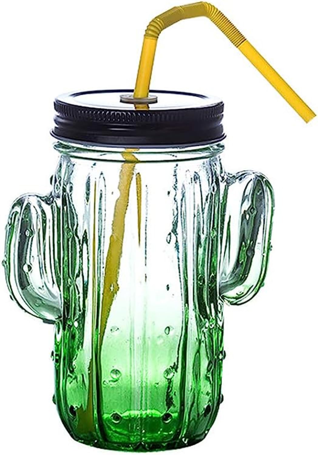 Lot de 4 tasses en verre avec paille, verres à cactus, tasses créatives pour eau, jus, café (verre cactus, vert)
