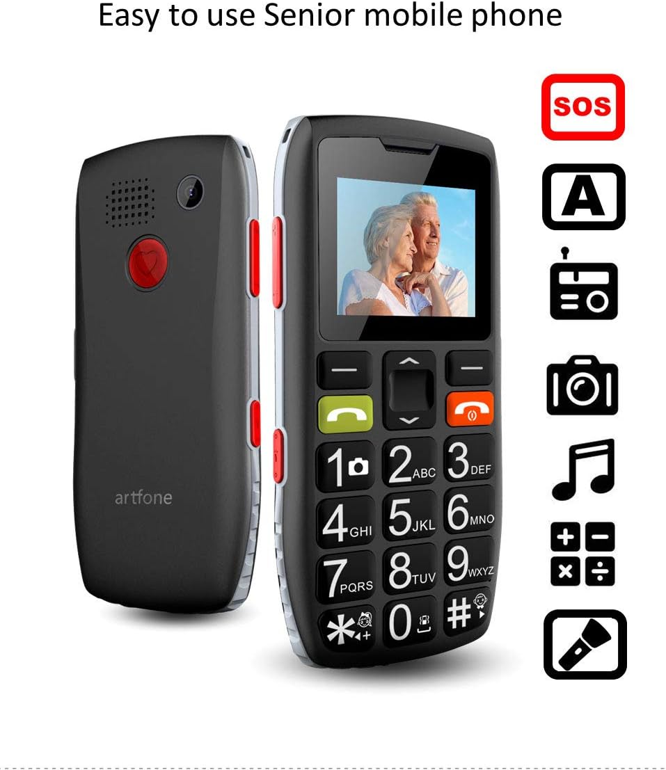 artfone C1 Seniorenhandy ohne Vertrag, 2G GSM Mobiltelefon mit SOS Notruffunktion, Großen Tasten Handy für Senioren, Taschenlampe, FM Radio, Kamera, 1800mAh Akku, Schwarz Schwarz C1