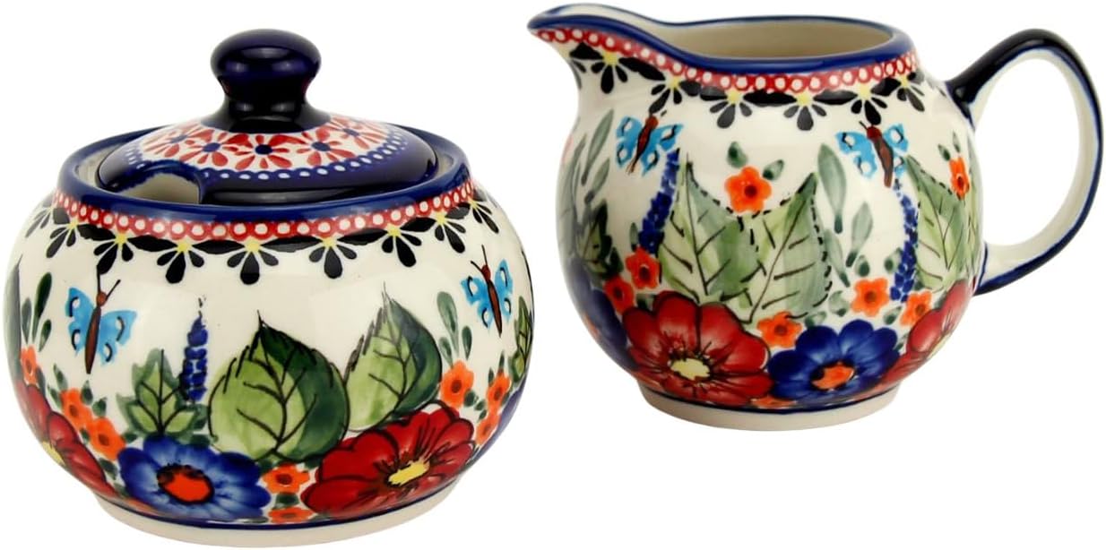 Polish Pottery Market Sugar Bowl with Lid and Creamer Set - 10 Oz. Sugar Bowl & 9 Oz. Cream Pitcher -Hand-painted Stoneware by Zaklady Boleslawiec Poland - Unikat Design