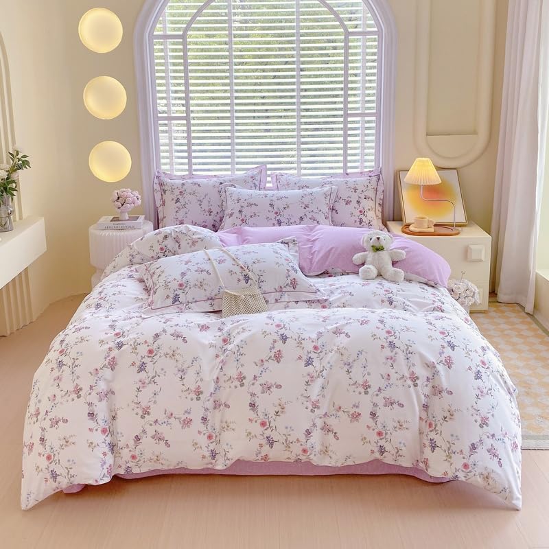 USTIDE Vintage Floral Duvet Cover Set Double, 100% Cotton Bedding Set, Soft Cottage Garden Micro Floral Quilt Cover with Hidden Zip & Corner Ties, 3 Piece Includes 1 Duvet Cover and 2 Pillowcases — image 1