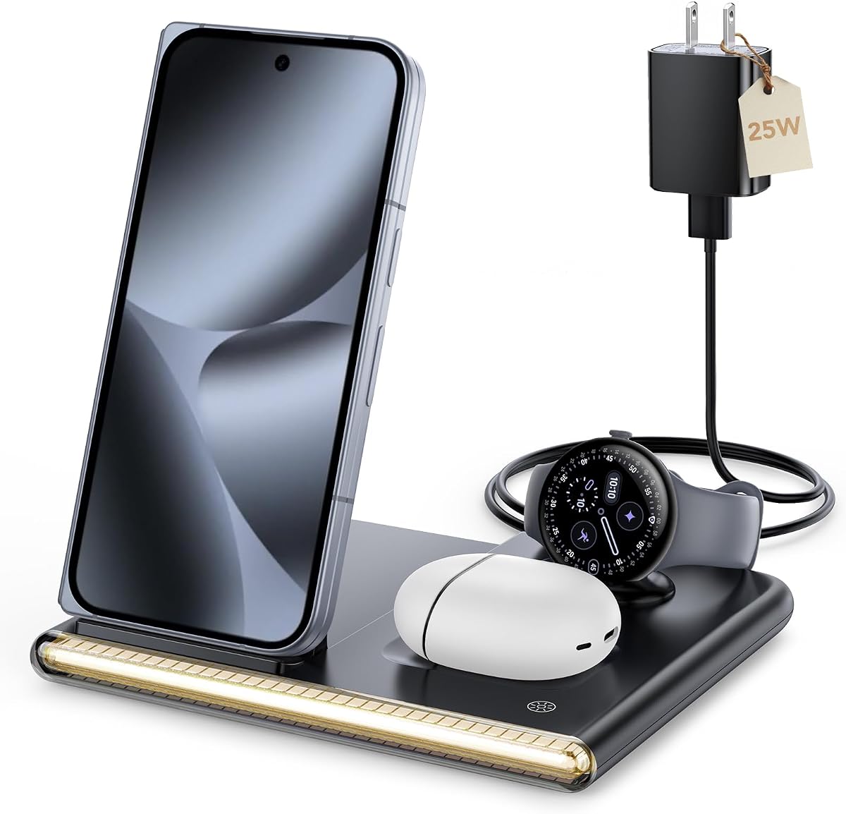 3 in 1 Wireless Charging Station with Night Light for Google Pixel Watch 4 | Google Wireless Charger for Pixel 10, Night Light Charging Dock, Travel Pixel Phone Charger Stand(Only for Google Watch 4)