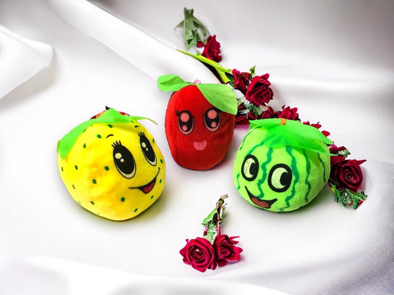 TD CREATIONS Pack of 3 Soft Toys: Mango, Strawberry, and Watermelon - Cute Plush Fruits for Kids