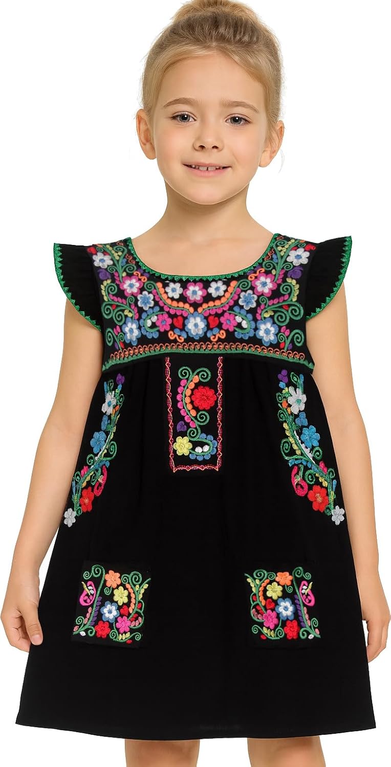 YZXDORWJ Girl Mexican Embroidered Dress Traditional Floral Short Sleeve