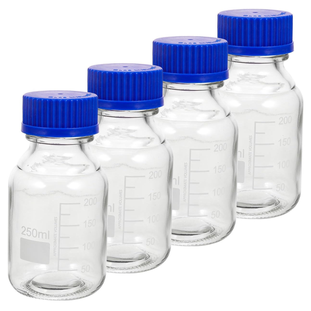LIFKOME Set 4 Pezzi Bottiglie Reagente in Vetro Graduato da 250ml con Tappi a Vite Blu, Multiuso per Laboratori e Applicazioni Didattiche