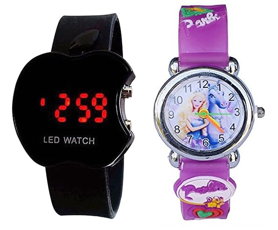 S S Traders_Barbie Purple Analog Watch and Black Apple Digital Watch for Kids-Good Gift for Kids