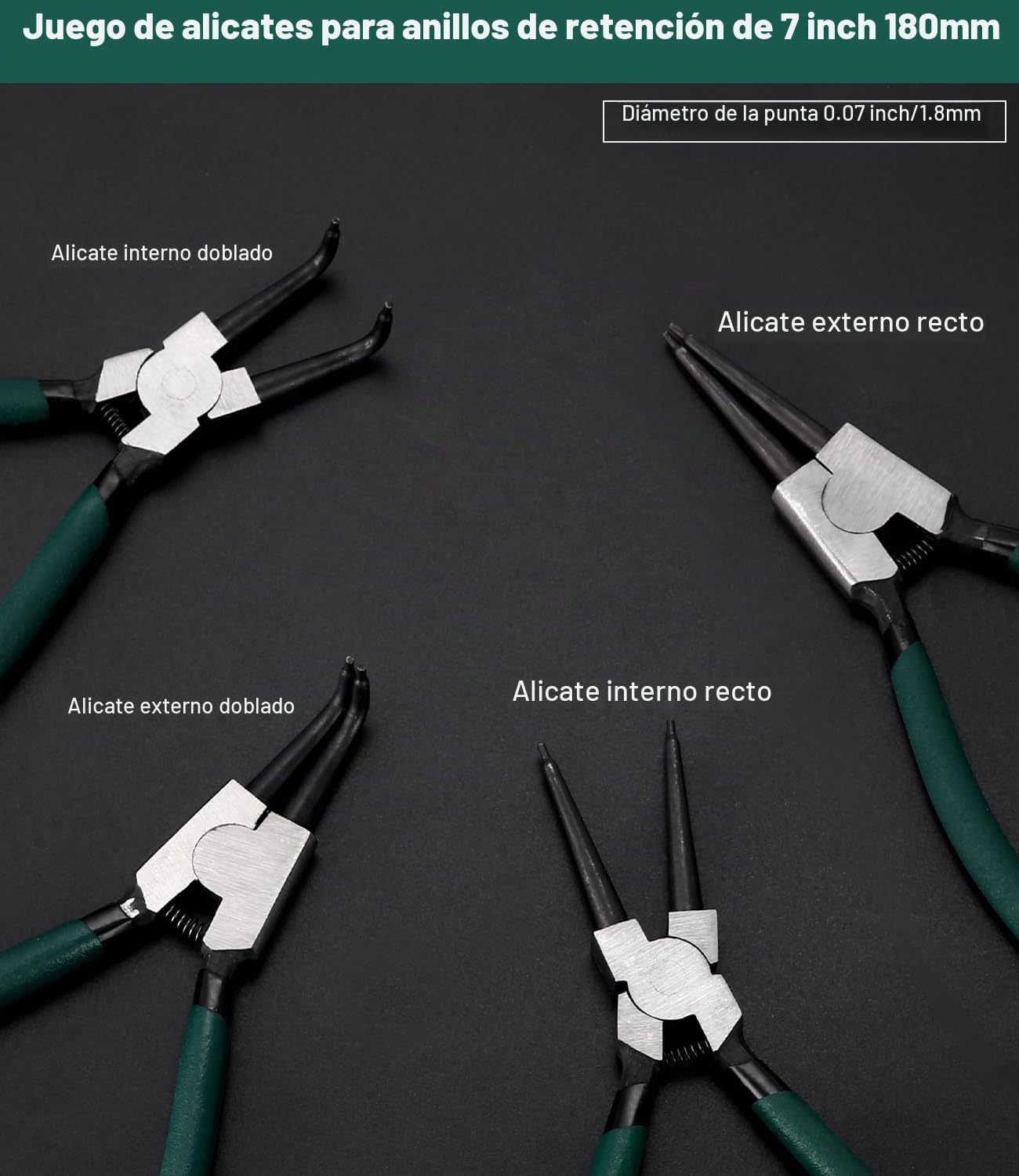 LEAZZLE 4 Piezas 180mm Juego de Alicates Circlip con bolsas de almacenamiento, Alicates Circlip rectos curvados con resorte de precisión, para Anillos de Retencion Interiores y Externos