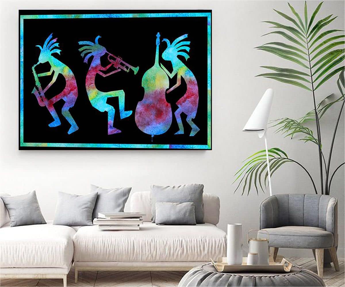 VERRE ART Printed Framed Canvas Painting for Home Decor Office Wall Studio Wall Living Room Decoration (34x22inch Wrapped) - Kokopelli Jazz Trio