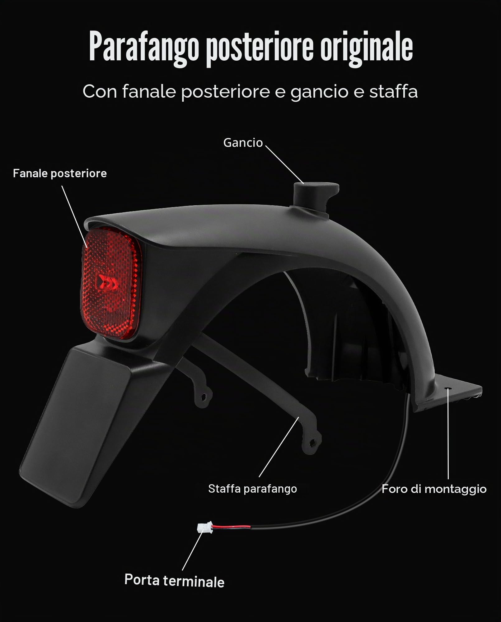 Assemblaggio parafango posteriore per scooter con gancio e luce di coda integrato Compatibile con Segway Ninebot E2 E2 Plus Supporto per Kickscooter Supporto per parafango posteriore Accessorio parafa