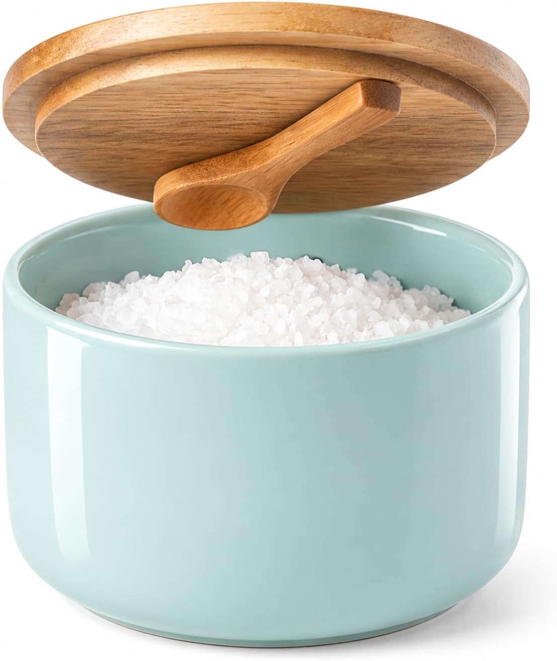 Salt and Pepper Spice Cellar, Ceramic Container for Salt, Sugar, Spices and Candies, With Built-in Magnetic Attraction Spoon and Acacia Wood Lid, 7.5 oz (Beige)