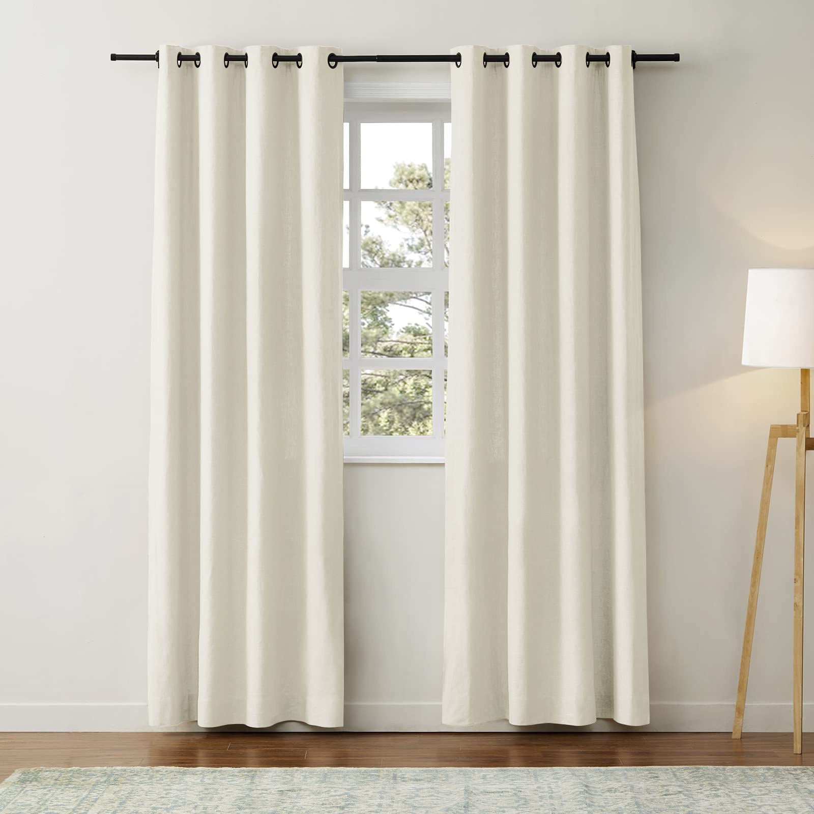 ChadMade Natural Cotton Linen Blend Curtain 90 Inches Long Black Grommet Drape for Kids Room, Light Filtering Lined Drape Privacy Window Treatment (50