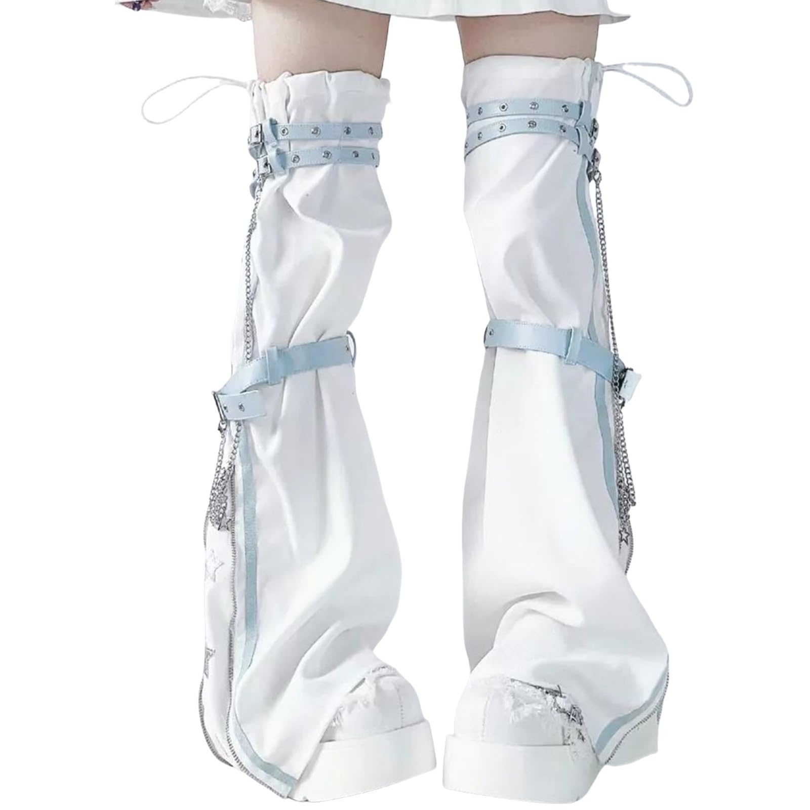 Estética impresión de estrellas con cremallera, puños acampanados para mujer, punk japonés, arnés de PU, calentadores de piernas hasta el muslo, longitud ajustable, puños para botas