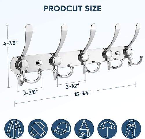 Miniatura 2 de TICONN Perchero montado en la pared, cinco ganchos resistentes de tres ganchos, construcción totalmente metálica para chaqueta, abrigo, sombrero en
