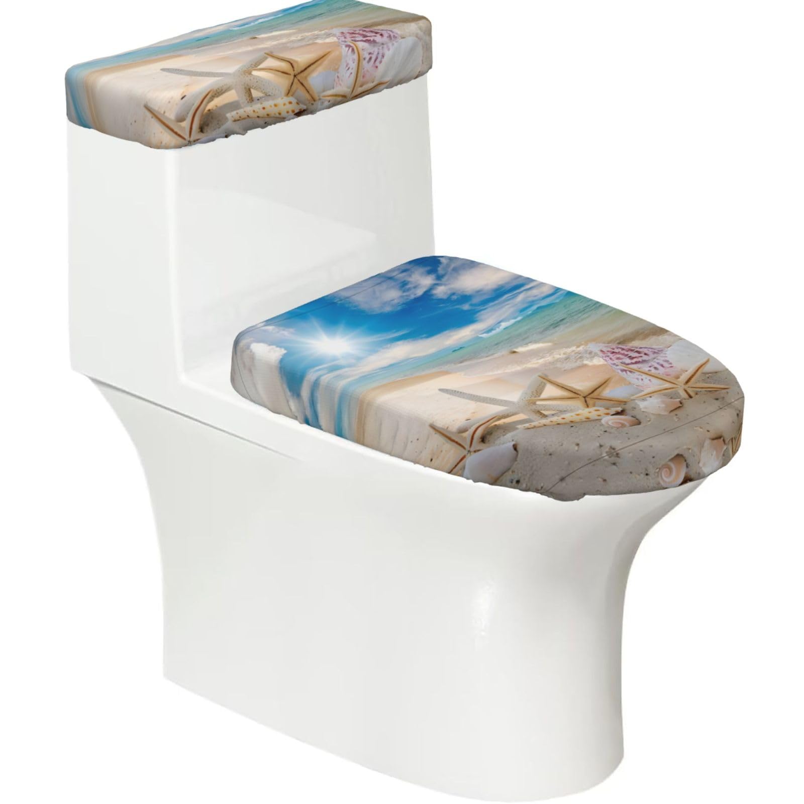 Starfish on the Beach 2-Piece Toilet Seat Cover Set with Tank Lid - Elastic for U-Shape & Elongated - Bathroom Decor