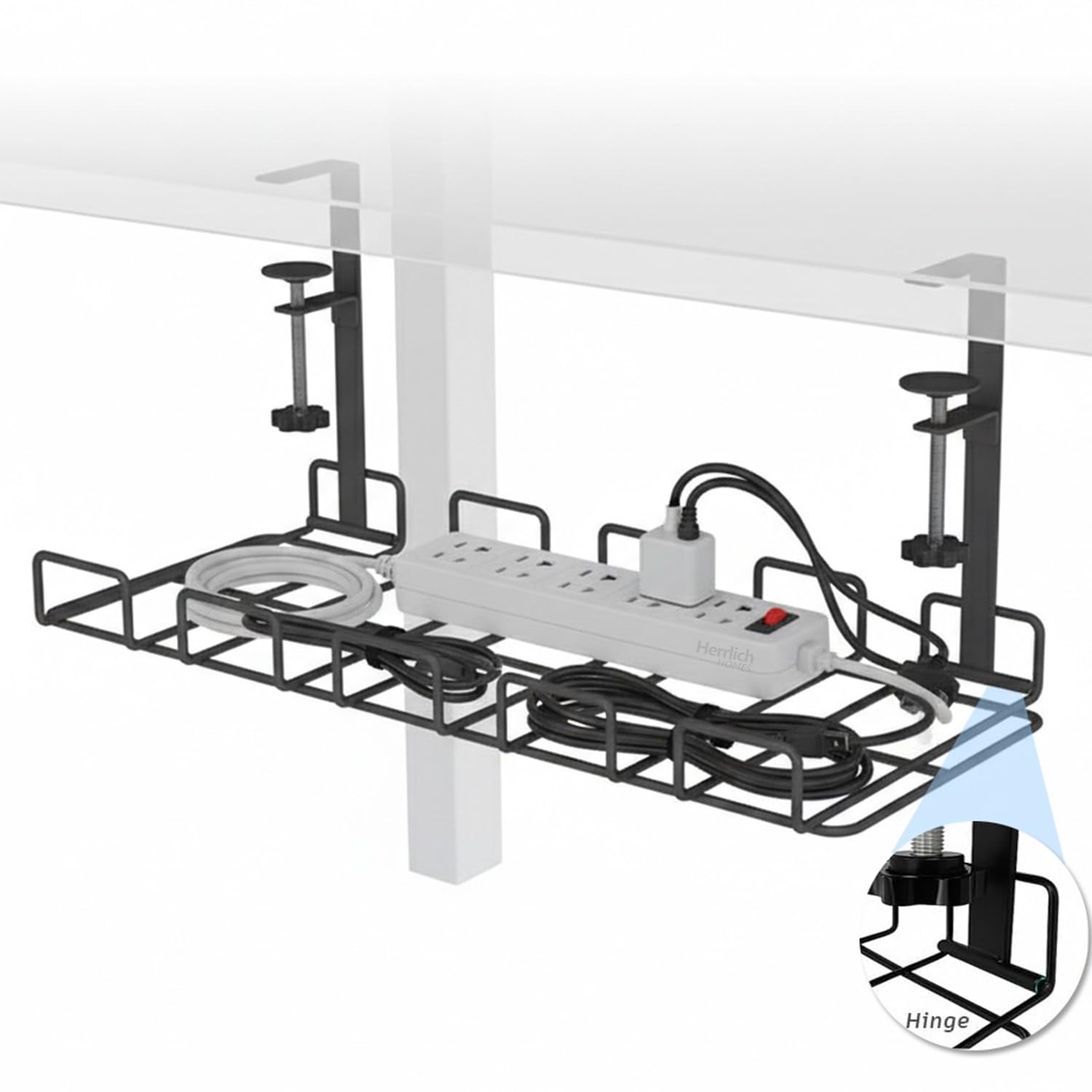 Herrlich Homes Under Desk Cable Management Tray | No Drill Metal Wire Organiser for Office Table | Adjustable Clamp Cord Holder | Powder Coated Steel Desk Cable Organizer | 39.5cm Black