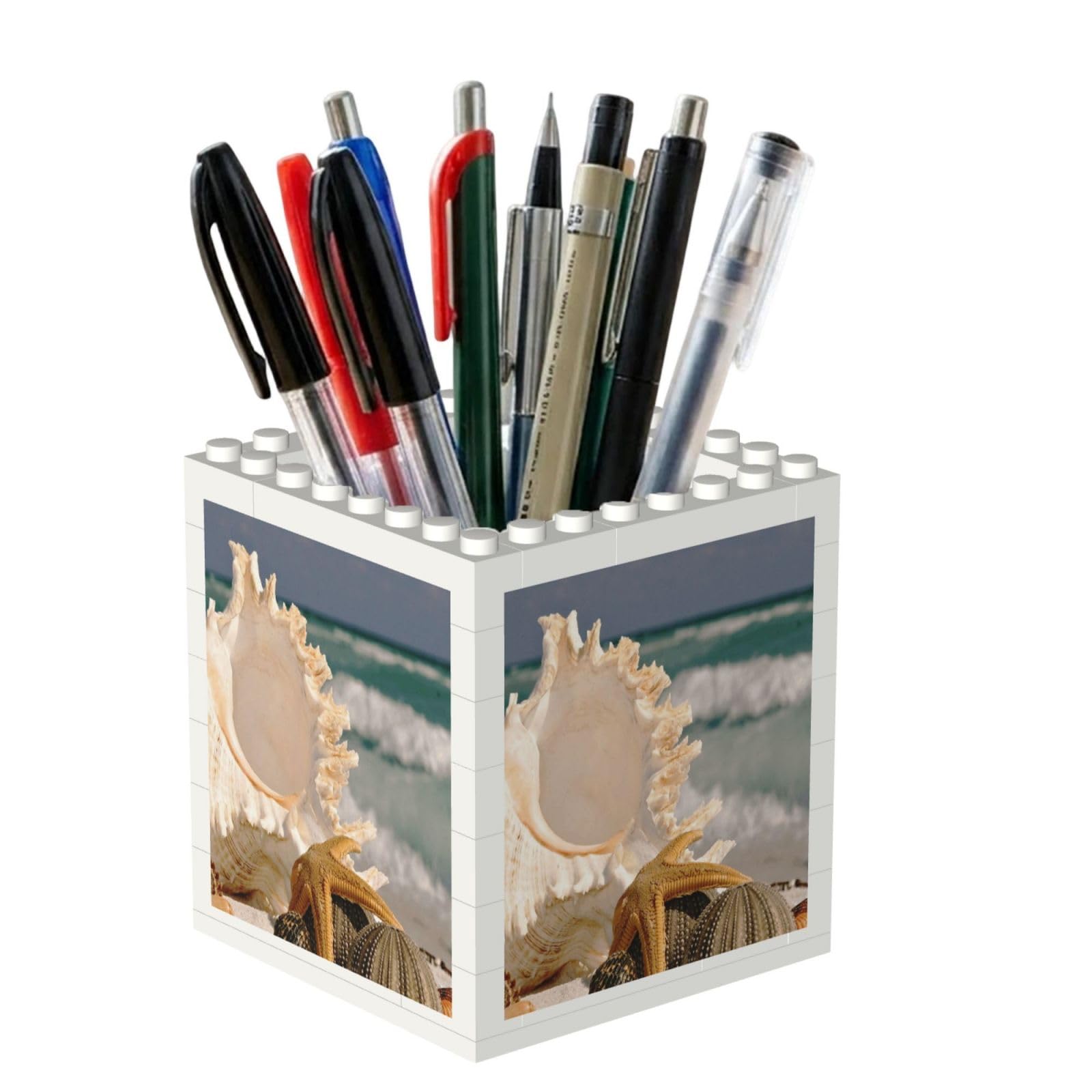 Poadnly Beach Starfish Seashells Print, Pen Pot Pencil Holder for Office Home School, Compact Desk Organiser for Office Stationery