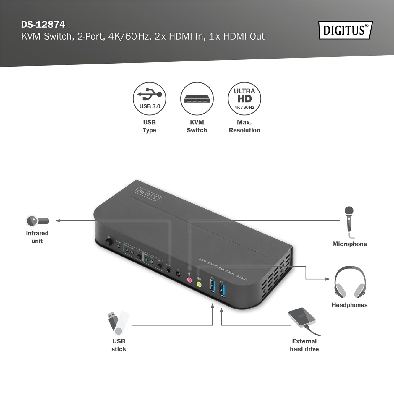 DIGITUS Commutateur KVM HDMI – 2 ports, affichage unique – 2 PC, 1 moniteur – 1 souris, clavier et audio pour 2 ordinateurs – UHD 4K 60Hz (4096 x 2160p) – 2 hubs USB 3.0 – Noir