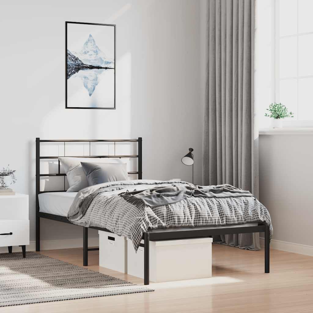 Metal Bed Frame Black Steel Single Size 39.4 x 74.8 in Durable Platform Foundation with Slatted Sturdy Design Headboard for Modern Bedroom Storage and Mattress Support