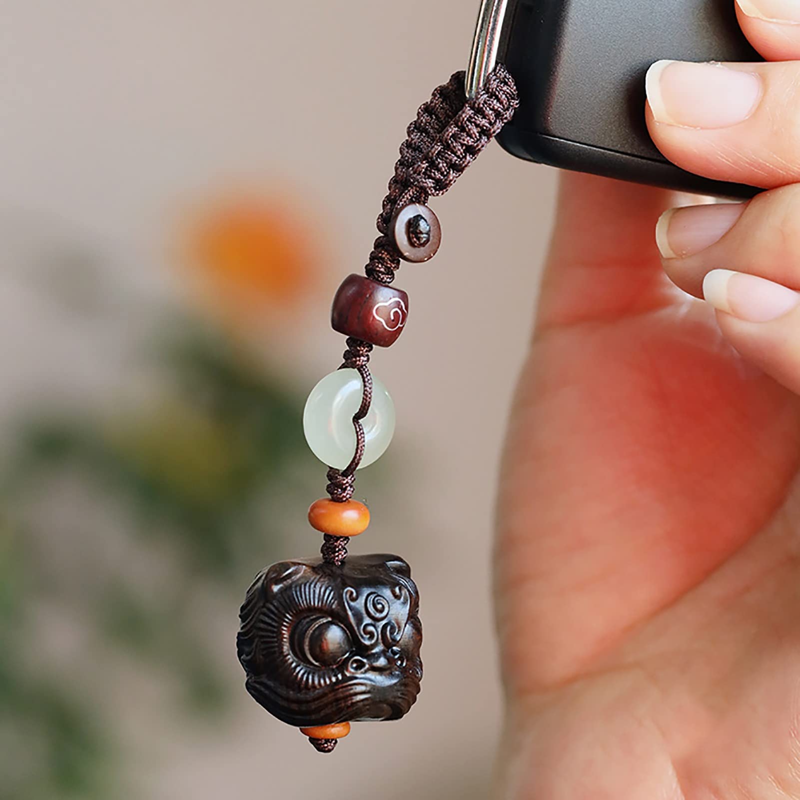 RAN-Keychain Chinesischer Löwe-Auto-Schlüsselanhänger, Retro-Sandelholz-Tanz-Löwe-Schlüsselring für Auto-Handtaschen-Charme-kreatives Geschenk (Color : Black, Size : 3.3 x 0.9 x 0.9 in)