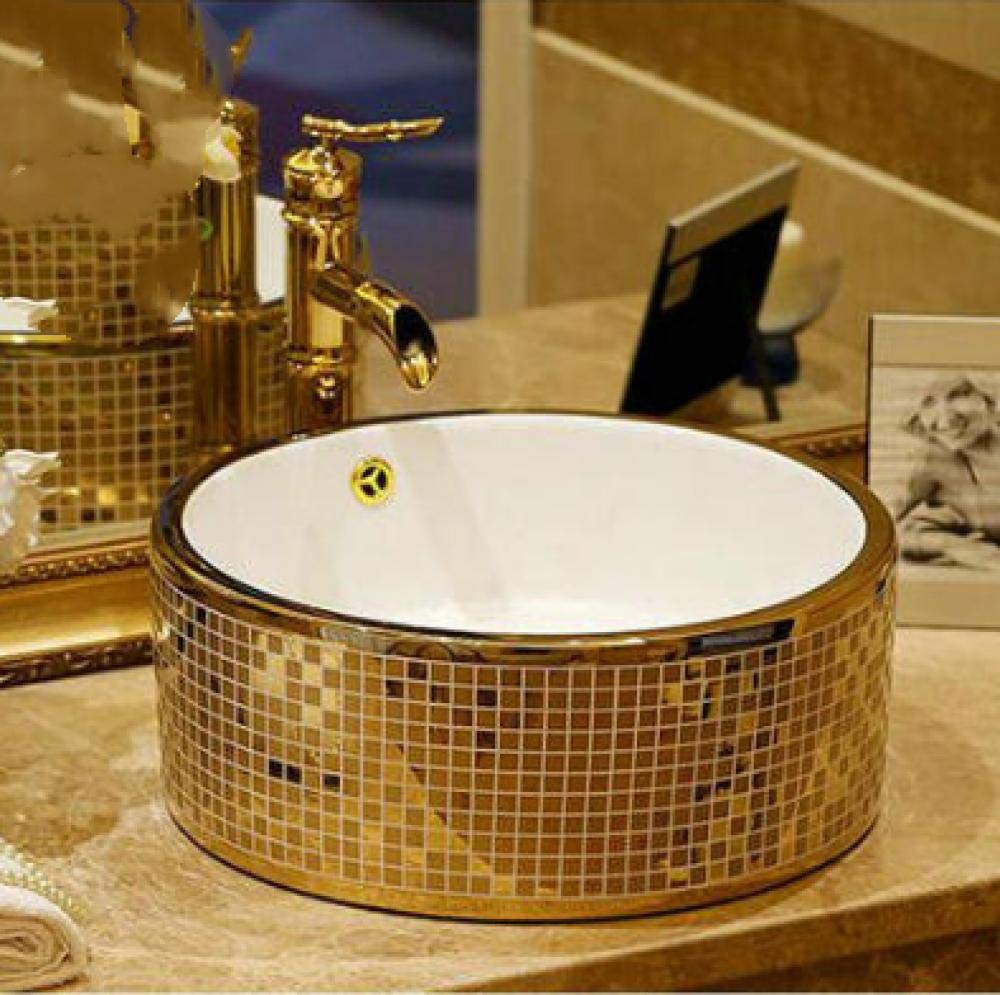 Gljtuo Gold Basin Sink Countertop Round Ceramic Bathroom Sink Art Basin With Overflow