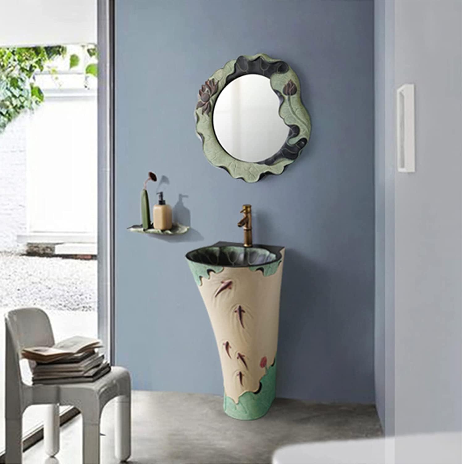 Freestanding Pedestal Sink Hotel Art Basin, Bathroom Lotus - Resin + Stone Powder Material Hand Carved wash Basin for Indoor and Outdoor (Size : with Mirror(B Style)) (Without m