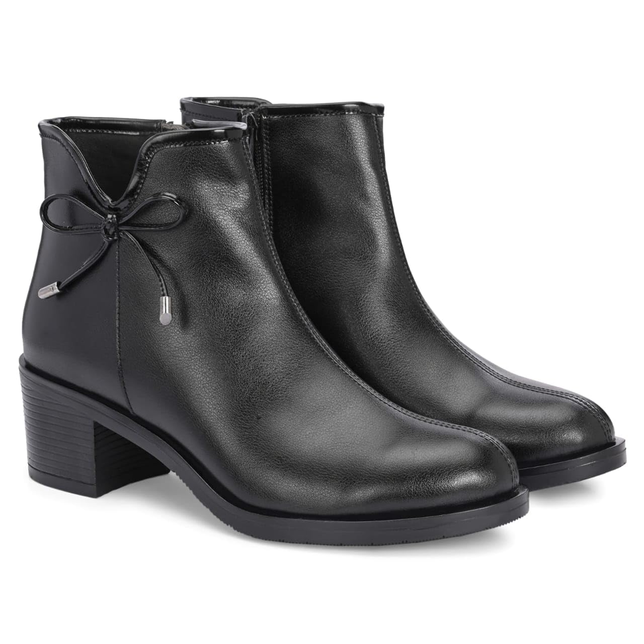 Women's Faux Leather Ankle Boots with Side Zip & Bow Accent | Round Toe Block Heel Short Boots | Lightweight Comfortable Winter Booties for Daily Wear, Office, Travel & Party-image-5