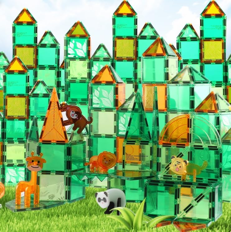 Gracieux Moda 50 Pieces Premium Magnetic Tiles with Jungle Safari Adventure for Kids 3-8 Years | Preschooler Wildlife Magnetic Tiles | Toddler Educational Toys | Birthday Gift