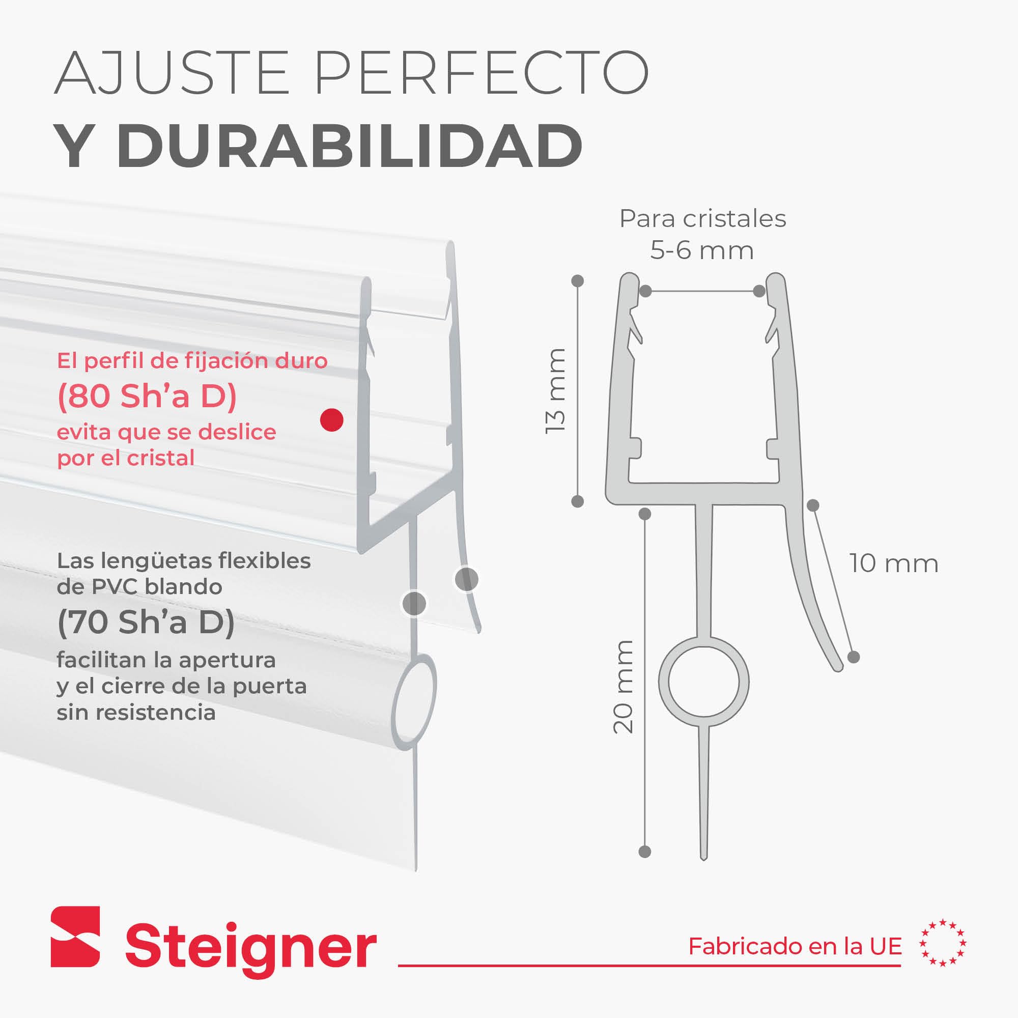 STEIGNER Junta de Ducha, Junta de Sellado, 100 cm, Espesor del Vidrio 5/6 mm, Junta Recta PVC, UK22-06