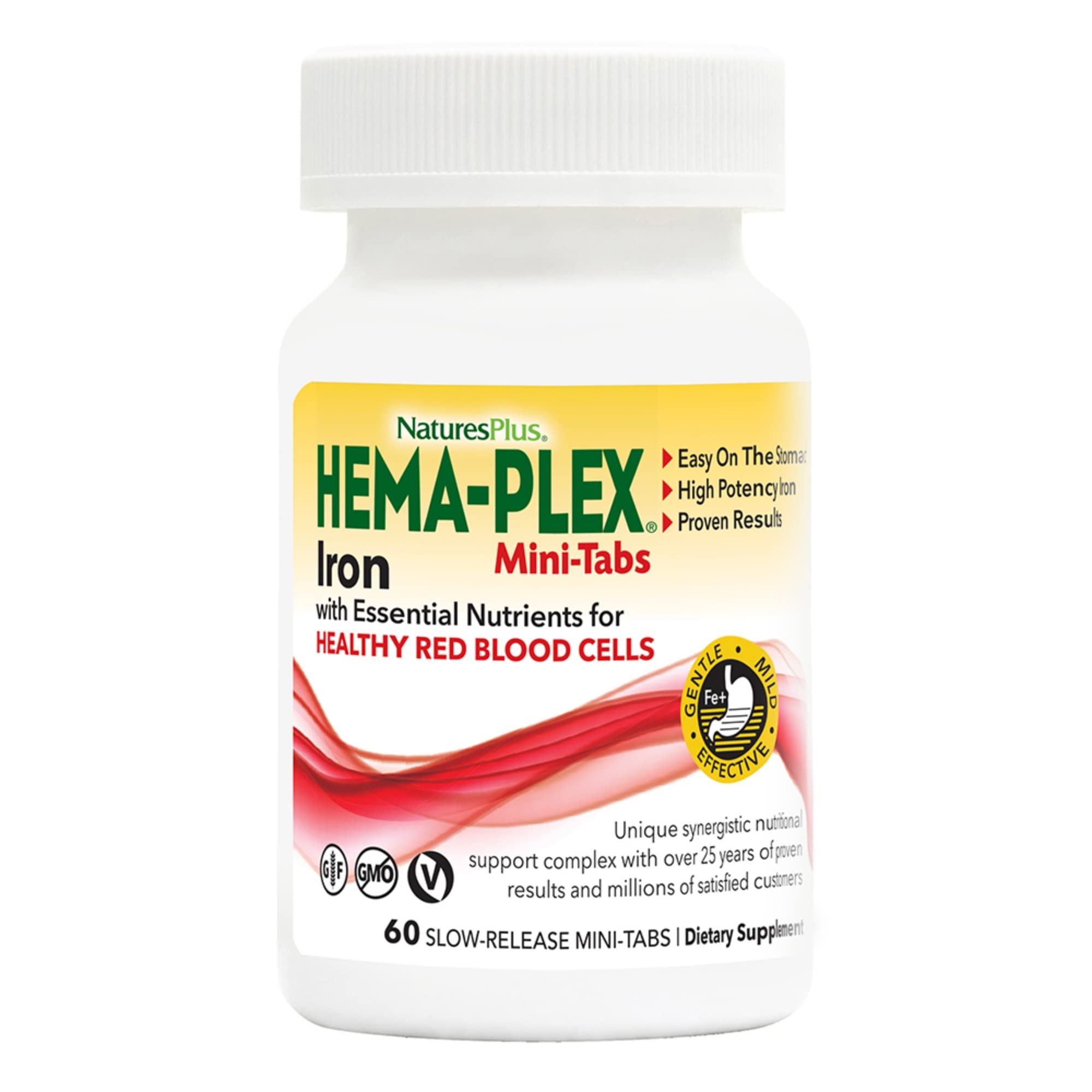 NaturesPlus Hema-Plex Iron - 60 Slow-Release Mini-Tabs - 85 mg Chelated Iron - Total Blood Health - With Vitamin C & Bioflavonoids - Vegan, Gluten Free - 30 Servings
