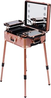 Maletín de maquillaje con ruedas con lámpara LED, espejo, tocador con patas ajustables, caja organizadora, tren cosmético, mesa de maquillaje, estuche de transporte, color rosa, Rosa., 133*52*40cm,
