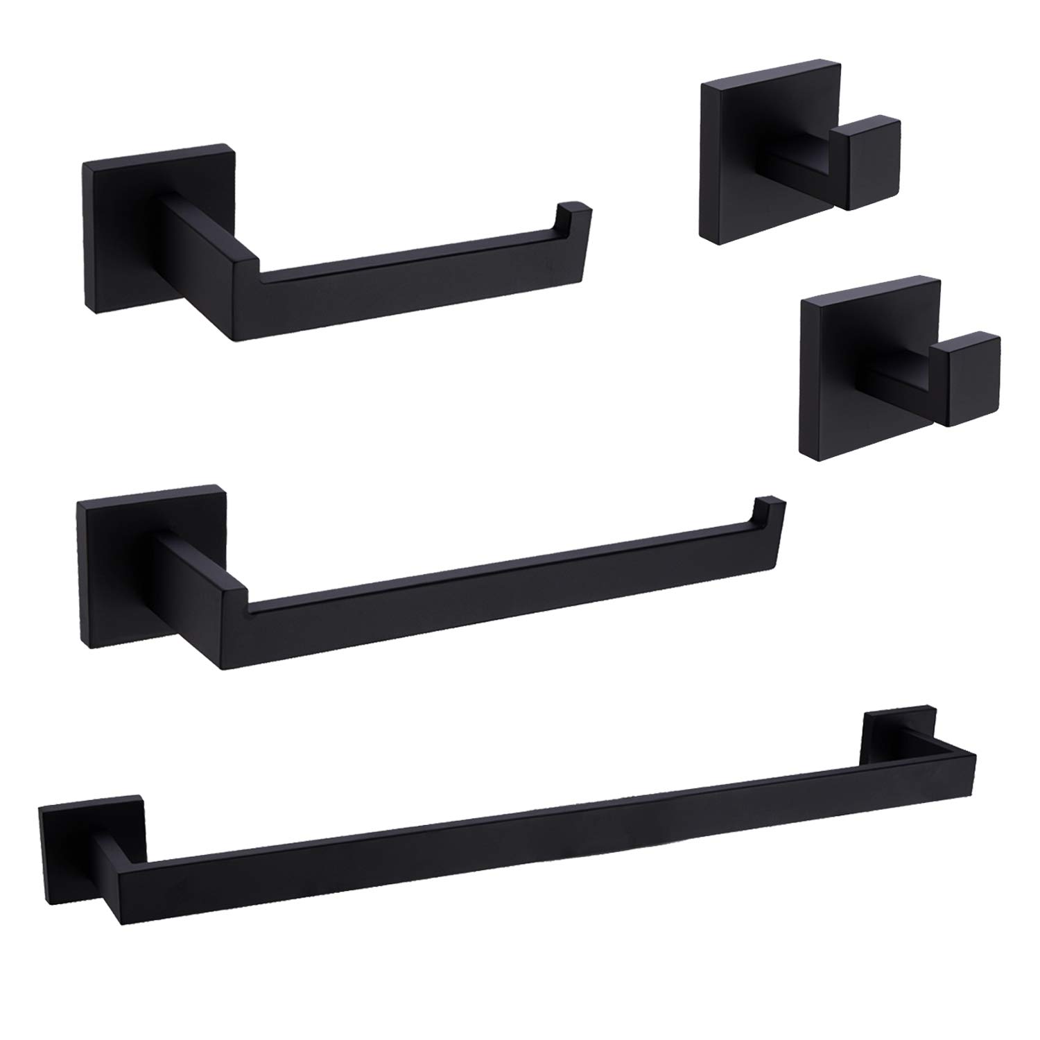 TRUSTMI Black Bathroom Hardware Set Contemporary 5-Pieces Wall Mounted Towel Bar Set, Stainless Steel Square Shaped Bathroom Hardware Accessories, Matte Black